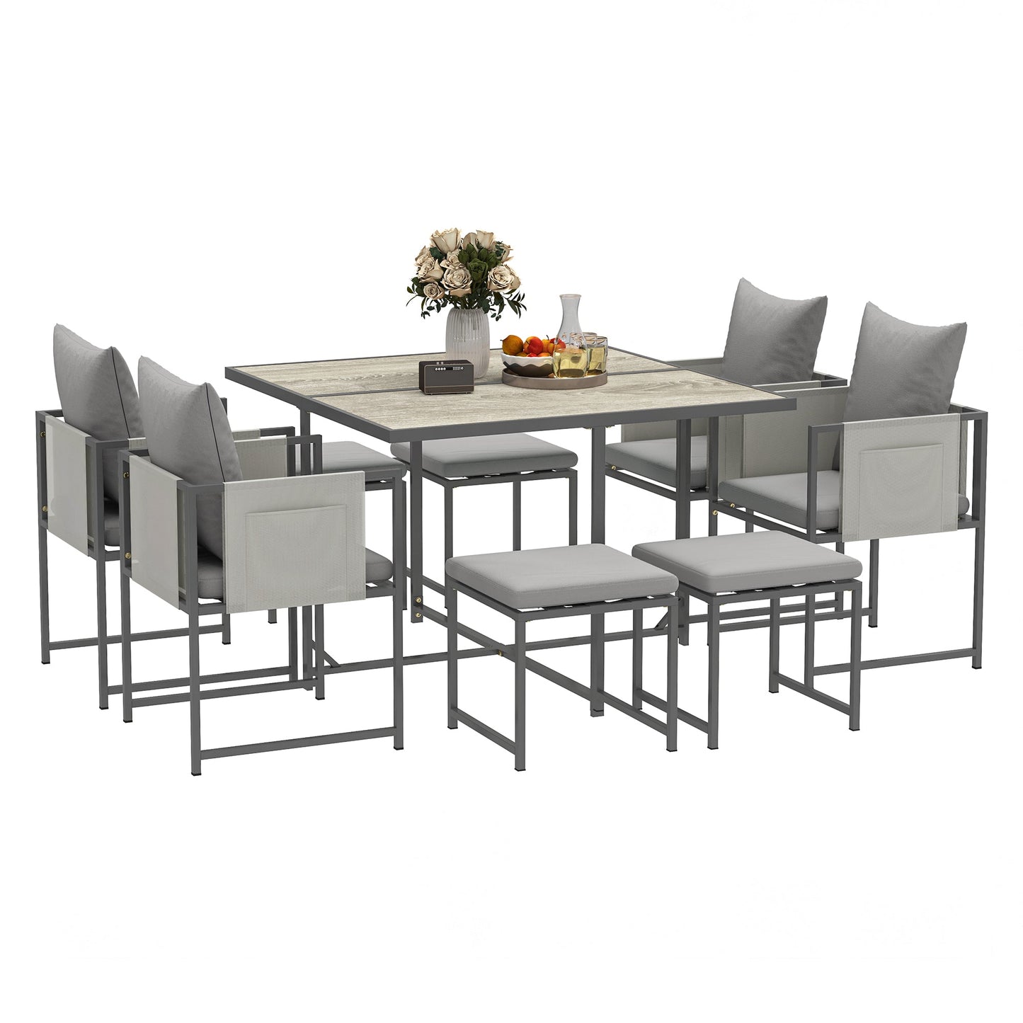 9 Piece Garden Dining Set, Cube Outdoor Garden Furniture Set with Cushions, 8 Seater Garden Table and Chairs with 4 Stools, Square PSPC Plastic Top Table, Side Pockets for Conservatory, Grey