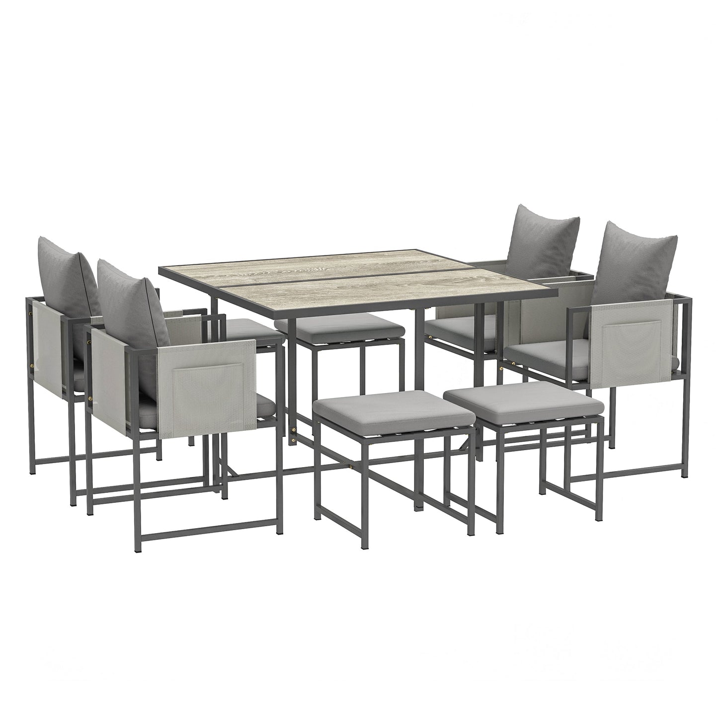 9 Piece Garden Dining Set, Cube Outdoor Garden Furniture Set with Cushions, 8 Seater Garden Table and Chairs with 4 Stools, Square PSPC Plastic Top Table, Side Pockets for Conservatory, Grey