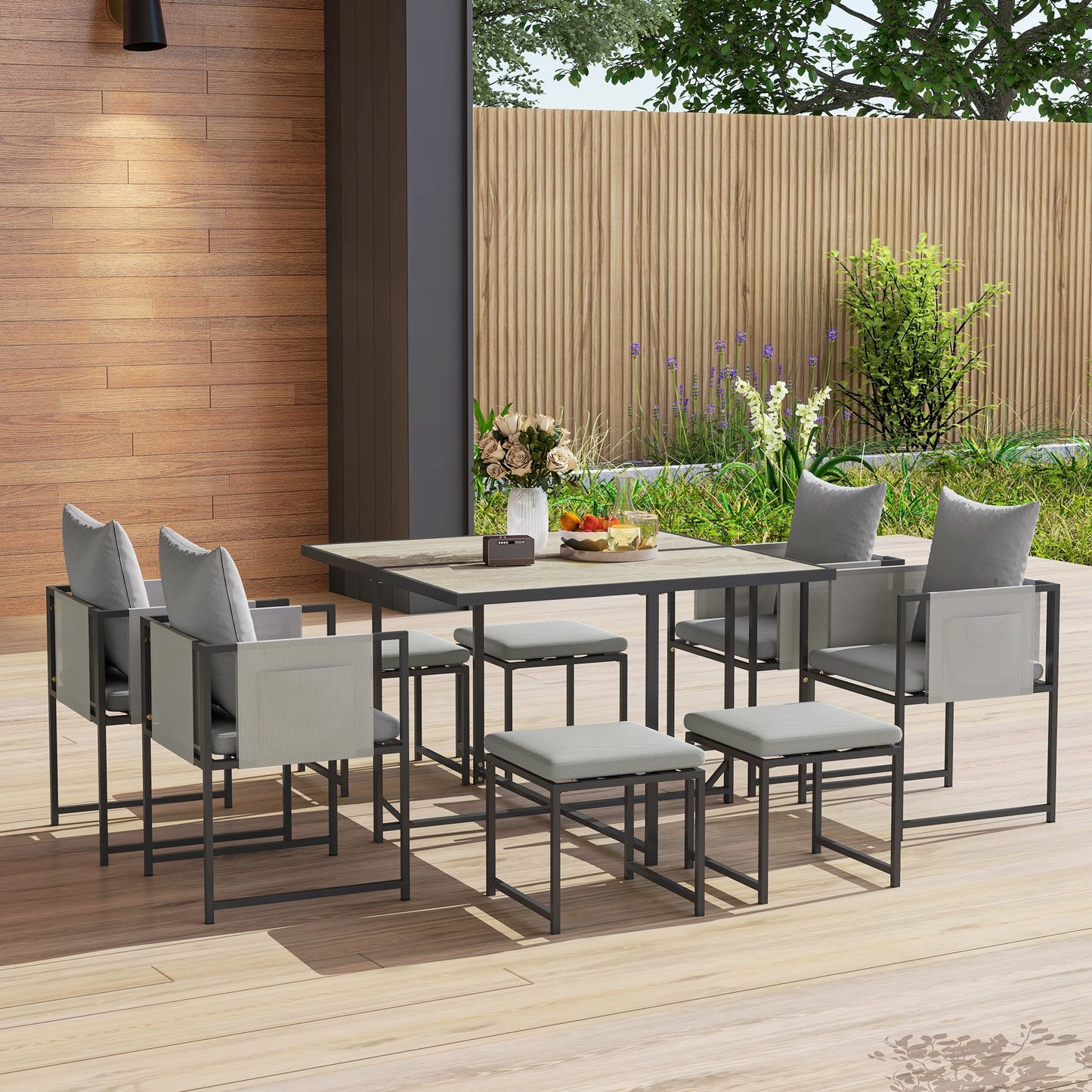 9 Piece Garden Dining Set, Cube Outdoor Garden Furniture Set with Cushions, 8 Seater Garden Table and Chairs with 4 Stools, Square PSPC Plastic Top Table, Side Pockets for Conservatory, Grey