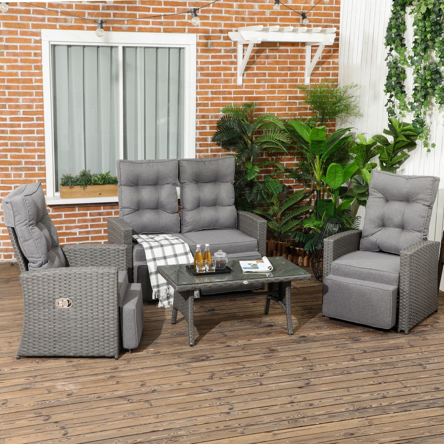 4 Piece Rattan Garden Furniture Set with Adjustable Backrest, Wicker Outdoor Furniture Sofa Set with Loveseat, Reclining Armchairs, Thickened Cushions and Glass Top Table, Grey
