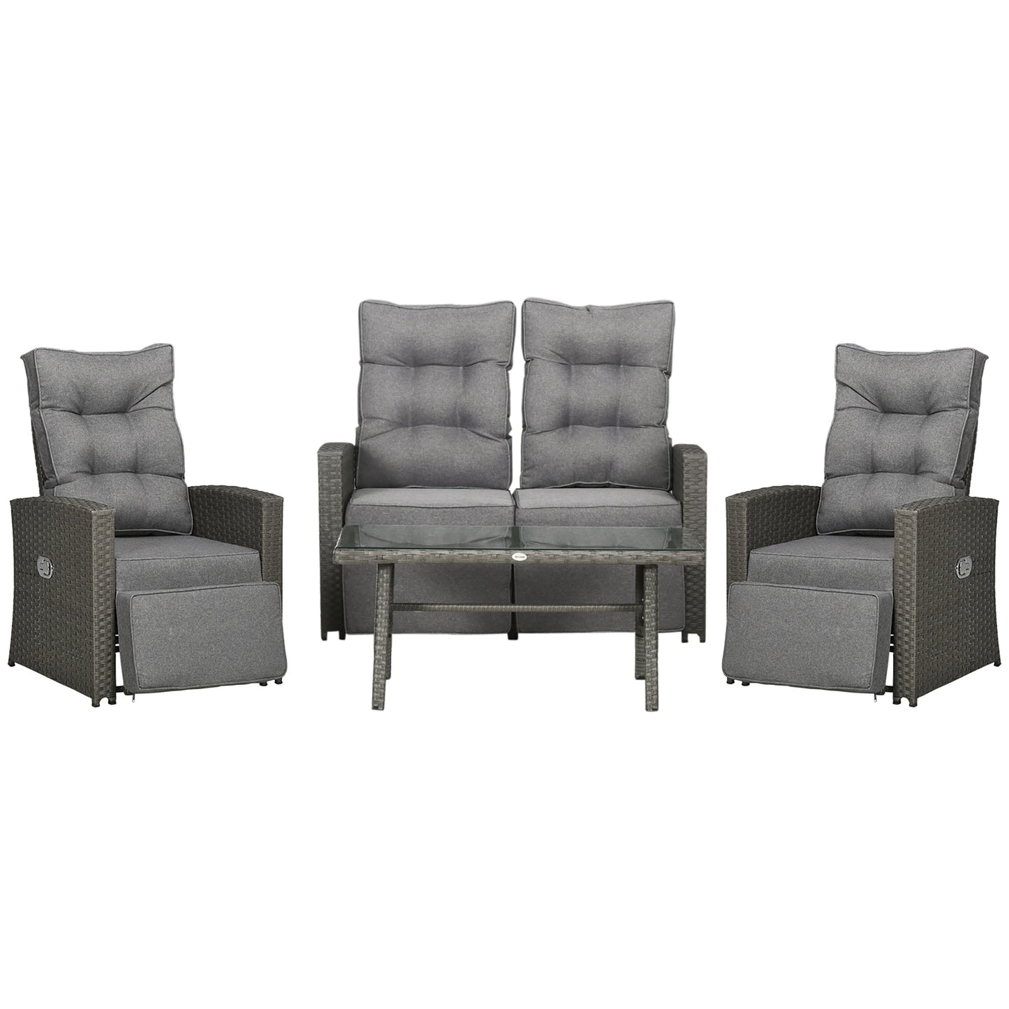 4 Piece Rattan Garden Furniture Set with Adjustable Backrest, Wicker Outdoor Furniture Sofa Set with Loveseat, Reclining Armchairs, Thickened Cushions and Glass Top Table, Grey