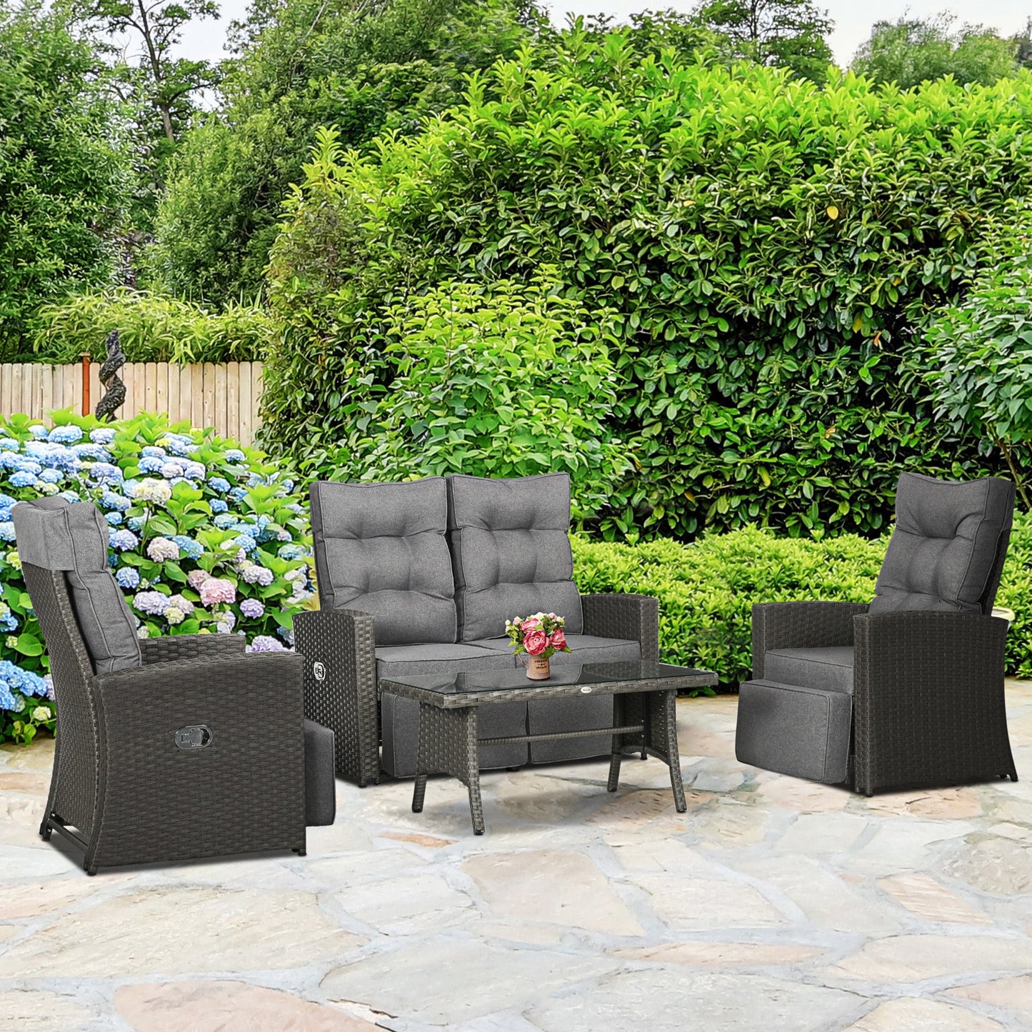 4 Piece Rattan Garden Furniture Set with Adjustable Backrest, Wicker Outdoor Furniture Sofa Set with Loveseat, Reclining Armchairs, Thickened Cushions and Glass Top Table, Grey