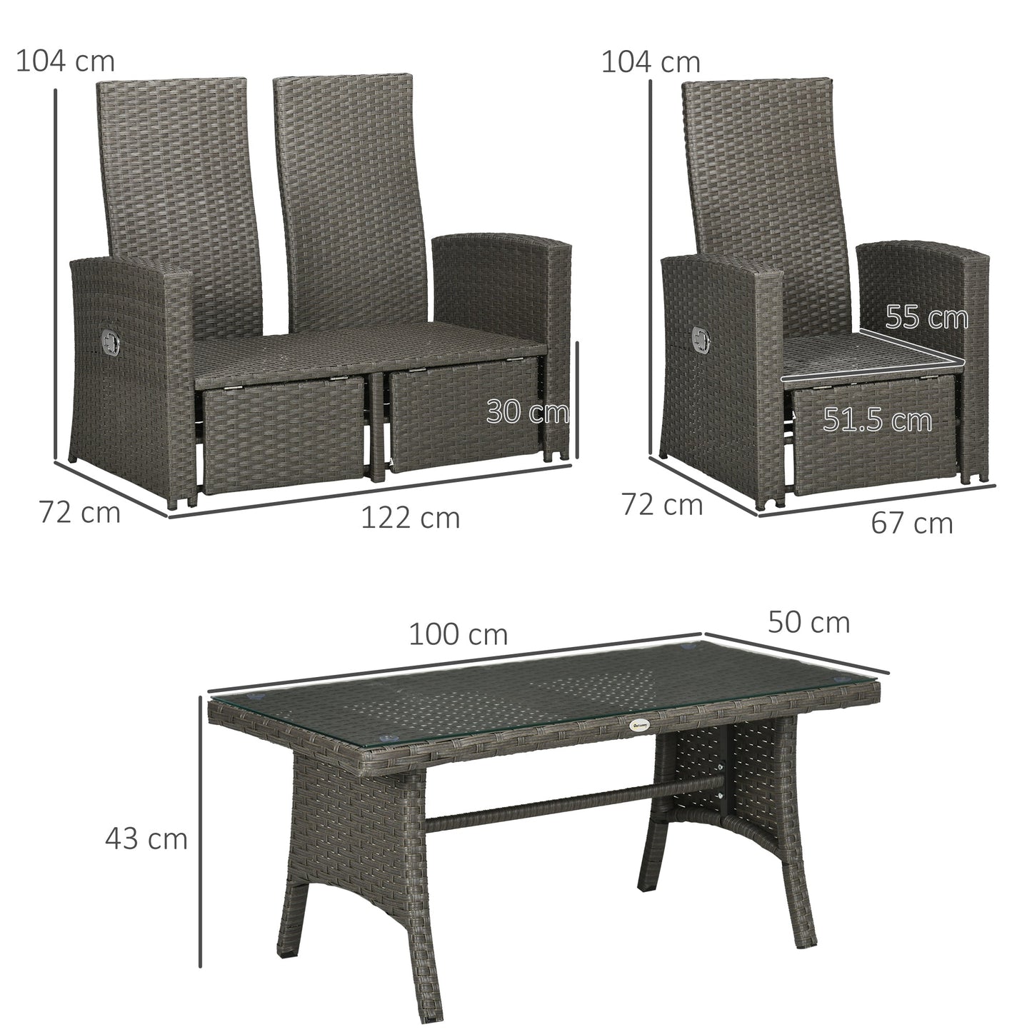 4 Piece Rattan Garden Furniture Set with Adjustable Backrest, Wicker Outdoor Furniture Sofa Set with Loveseat, Reclining Armchairs, Thickened Cushions and Glass Top Table, Grey
