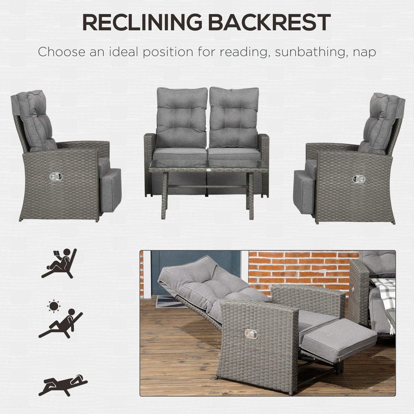 4 Piece Rattan Garden Furniture Set with Adjustable Backrest, Wicker Outdoor Furniture Sofa Set with Loveseat, Reclining Armchairs, Thickened Cushions and Glass Top Table, Grey