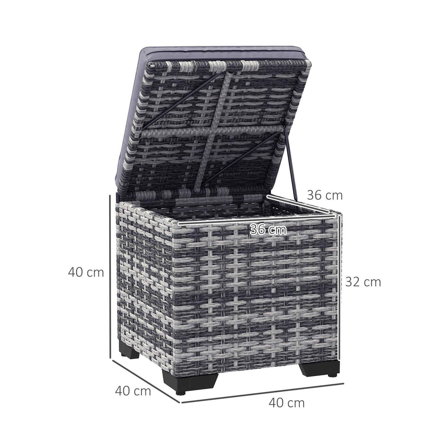 Set of 2 Rattan Storage Ottoman, Outdoor Footstool with Removable Cushions, Garden Storage Seat for Balcony, Poolside, Living Room, Dark Grey