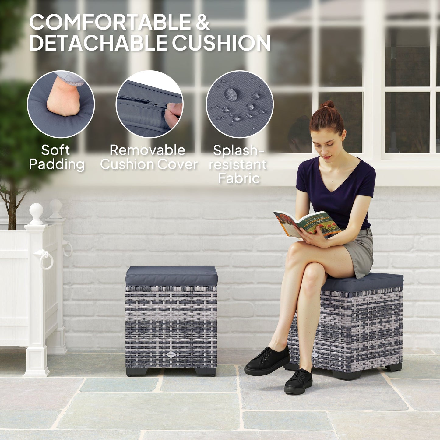 Set of 2 Rattan Storage Ottoman, Outdoor Footstool with Removable Cushions, Garden Storage Seat for Balcony, Poolside, Living Room, Dark Grey