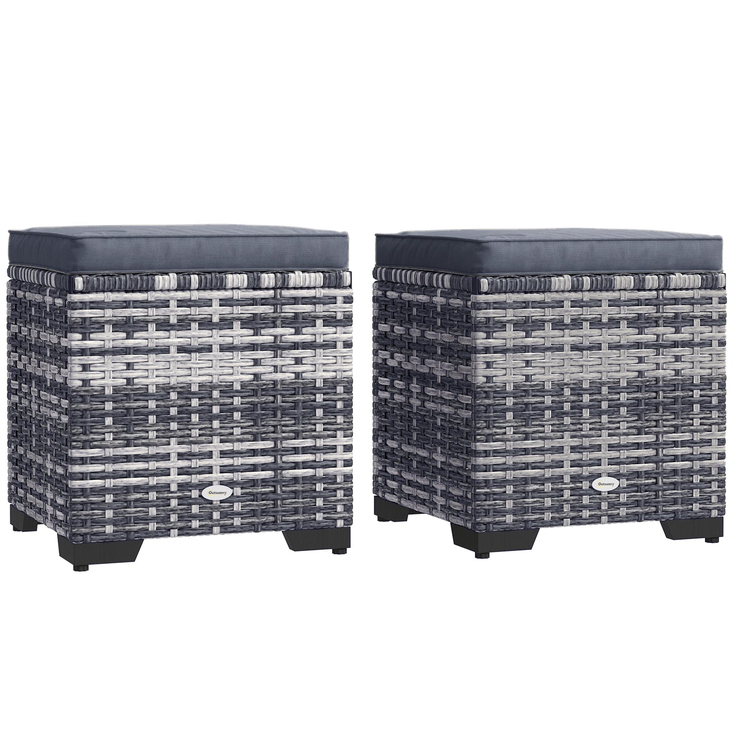 Set of 2 Rattan Storage Ottoman, Outdoor Footstool with Removable Cushions, Garden Storage Seat for Balcony, Poolside, Living Room, Dark Grey