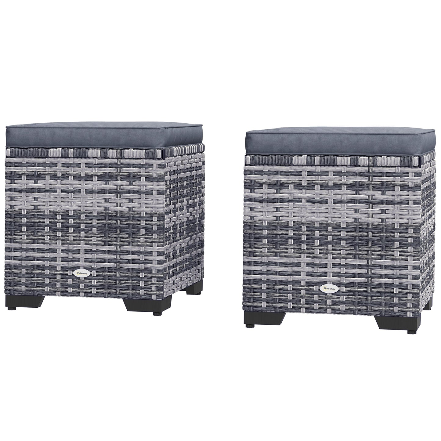 Set of 2 Rattan Storage Ottoman, Outdoor Footstool with Removable Cushions, Garden Storage Seat for Balcony, Poolside, Living Room, Dark Grey