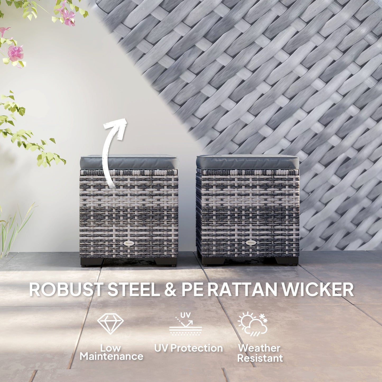 Set of 2 Rattan Storage Ottoman, Outdoor Footstool with Removable Cushions, Garden Storage Seat for Balcony, Poolside, Living Room, Dark Grey
