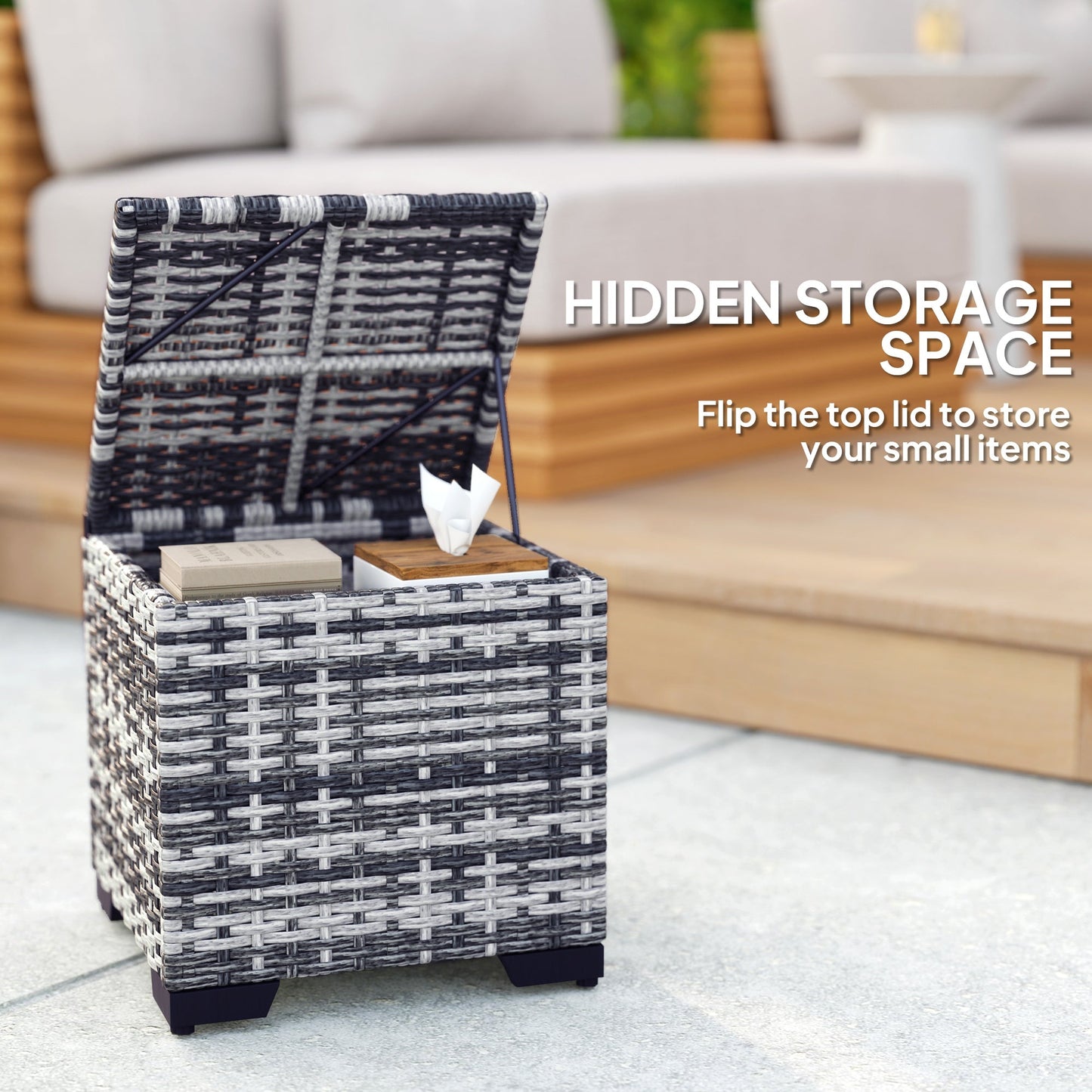 Set of 2 Rattan Storage Ottoman, Outdoor Footstool with Removable Cushions, Garden Storage Seat for Balcony, Poolside, Living Room, Dark Grey
