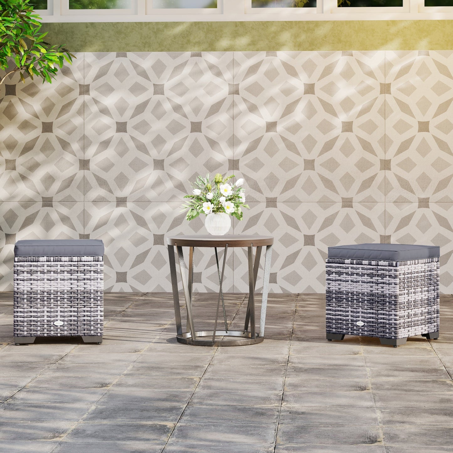 Set of 2 Rattan Storage Ottoman, Outdoor Footstool with Removable Cushions, Garden Storage Seat for Balcony, Poolside, Living Room, Dark Grey