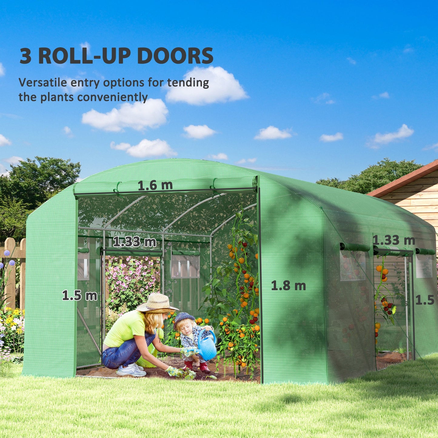 4 x 3 x 2m Polytunnel Greenhouse with 3 Roll-up Doors and Mesh Windows, Walk-in Garden Tunnel Warm House Tent with UV-resistant PE Cover and Galvanised Steel Frame, Green