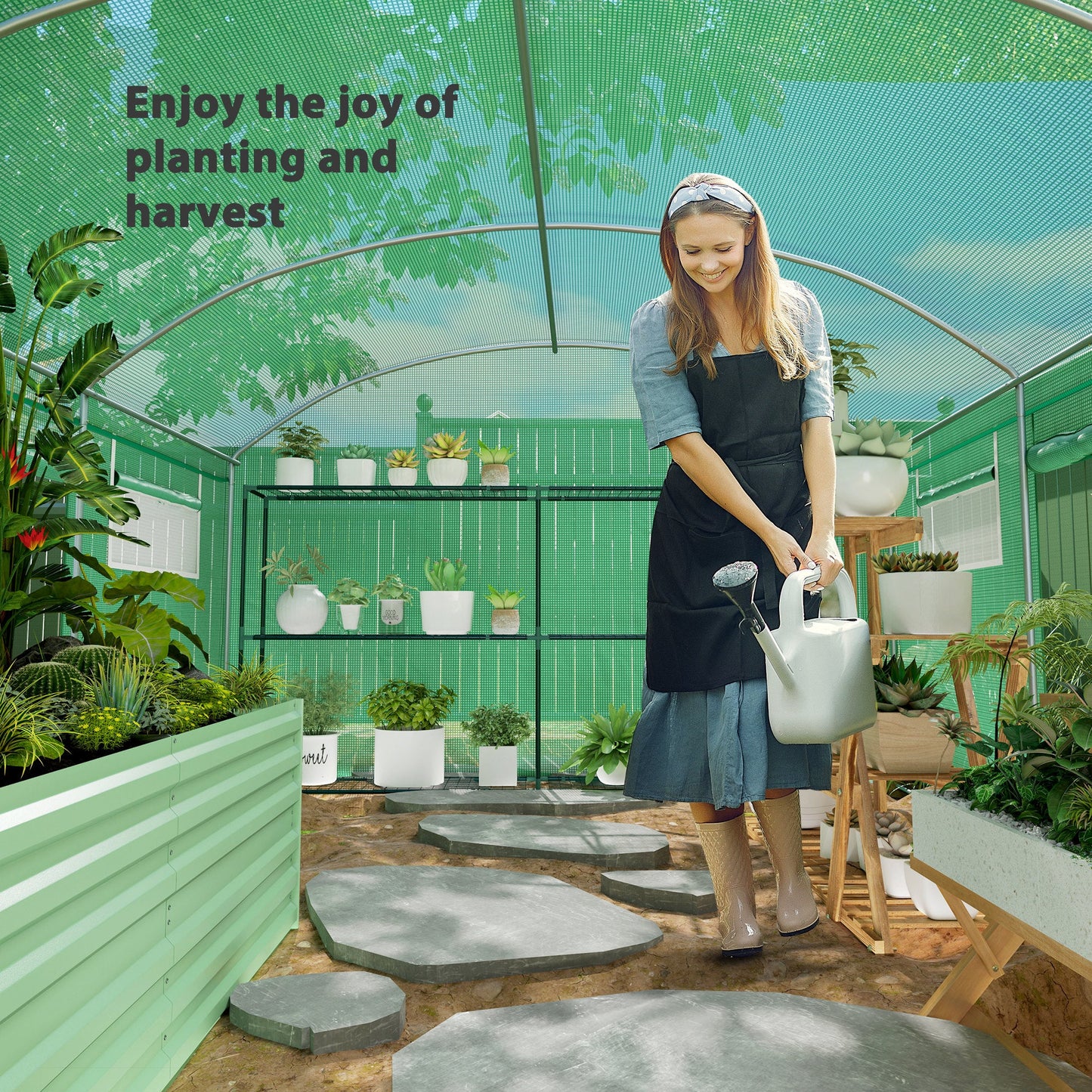 4 x 3 x 2m Polytunnel Greenhouse with 3 Roll-up Doors and Mesh Windows, Walk-in Garden Tunnel Warm House Tent with UV-resistant PE Cover and Galvanised Steel Frame, Green