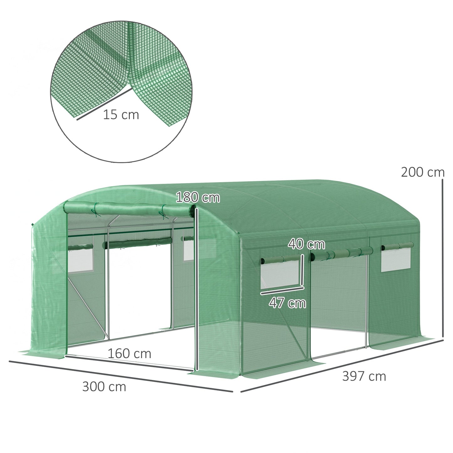 4 x 3 x 2m Polytunnel Greenhouse with 3 Roll-up Doors and Mesh Windows, Walk-in Garden Tunnel Warm House Tent with UV-resistant PE Cover and Galvanised Steel Frame, Green
