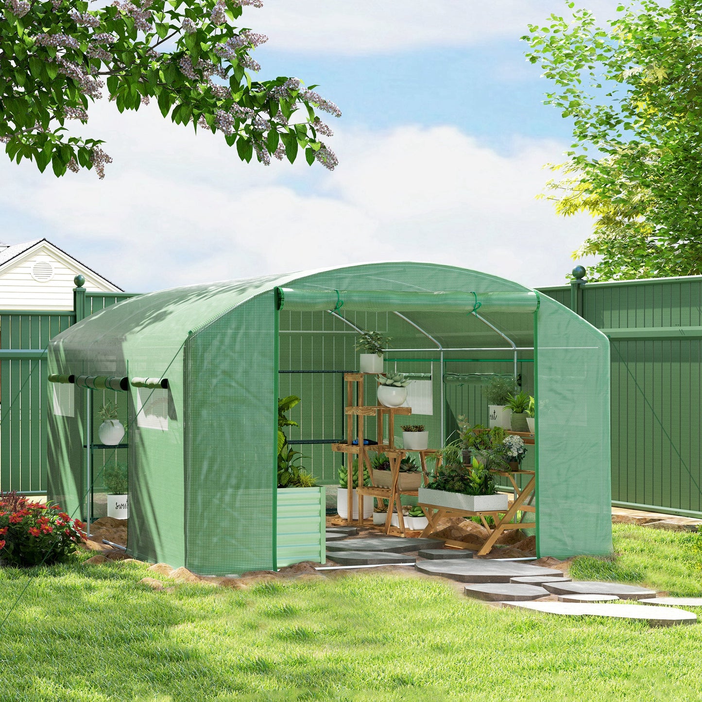 4 x 3 x 2m Polytunnel Greenhouse with 3 Roll-up Doors and Mesh Windows, Walk-in Garden Tunnel Warm House Tent with UV-resistant PE Cover and Galvanised Steel Frame, Green
