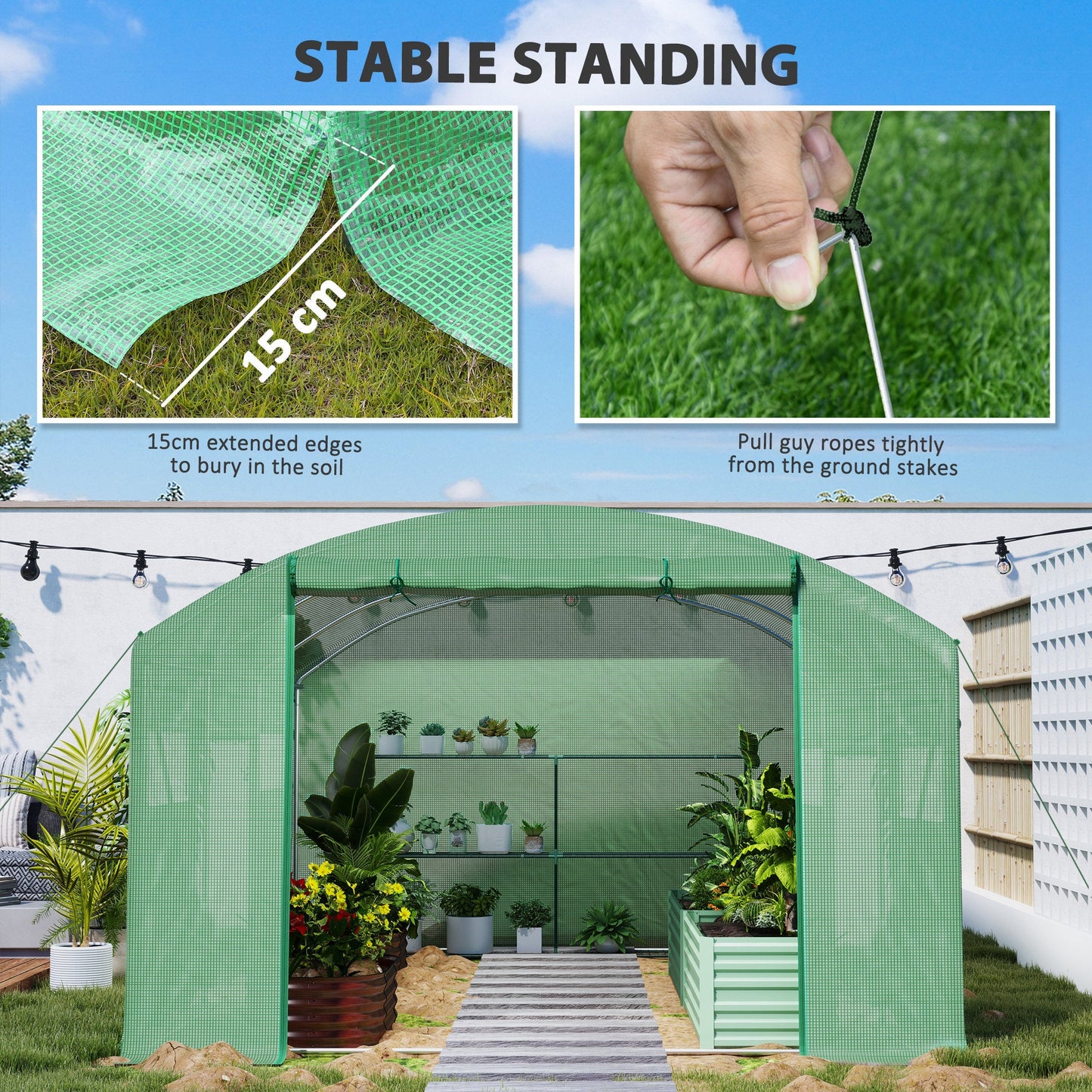 4 x 3 x 2m Polytunnel Greenhouse with 3 Roll-up Doors and Mesh Windows, Walk-in Garden Tunnel Warm House Tent with UV-resistant PE Cover and Galvanised Steel Frame, Green