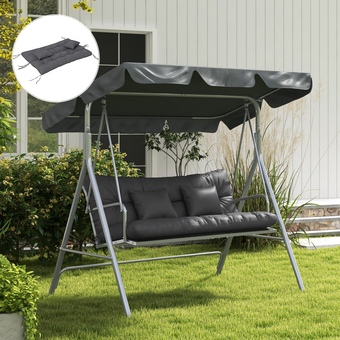 Outdoor Seat Cushions Back Cushion with 2 Pillows, Water Repellent Seat Pads for 3-Seater Chair, Swing, Sofa, CUSHIONS ONLY, NO SWING, Charcoal Grey