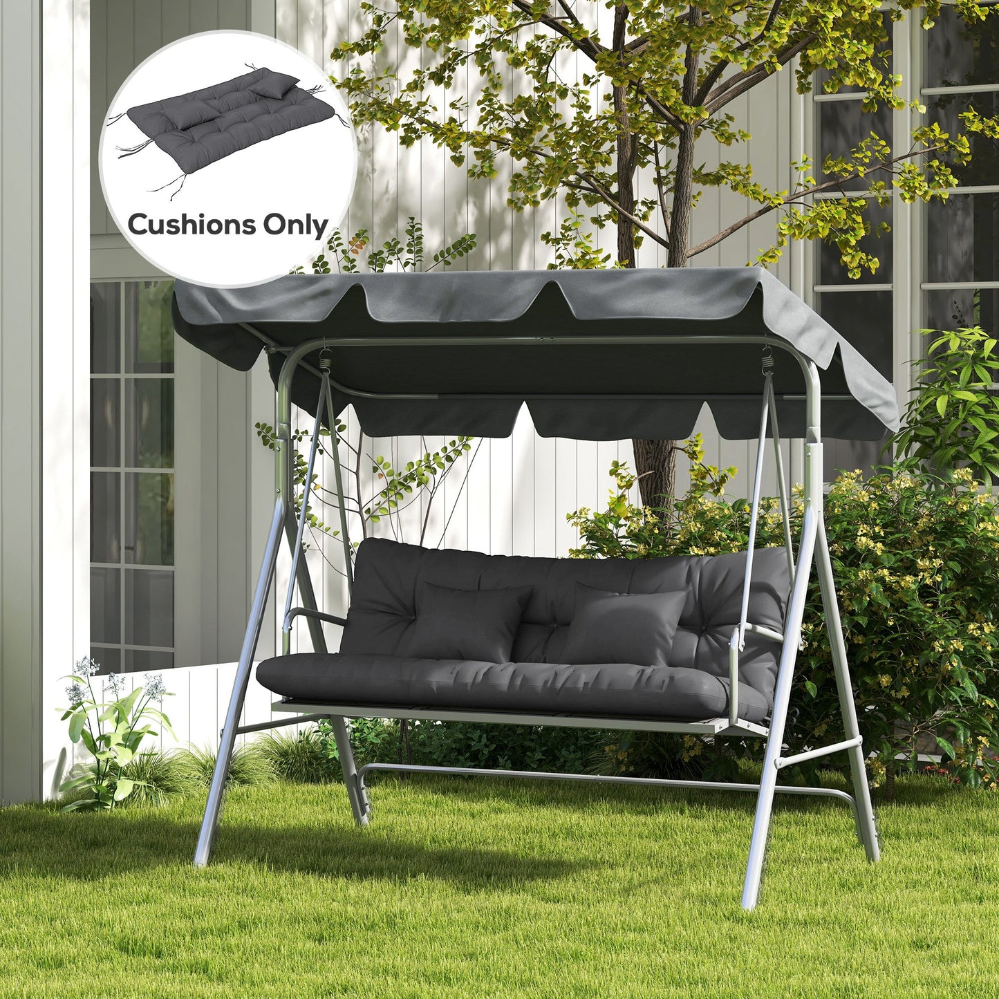 Outdoor Seat Cushions Back Cushion with 2 Pillows, Water Repellent Seat Pads for 3-Seater Chair, Swing, Sofa, CUSHIONS ONLY, NO SWING, Charcoal Grey