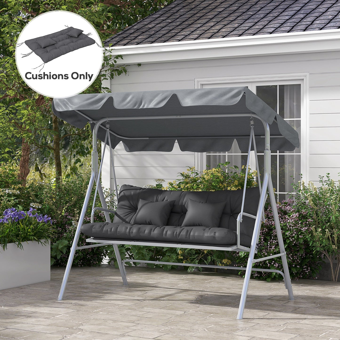 Outdoor Seat Cushions Back Cushion with 2 Pillows, Water Repellent Seat Pads for 3-Seater Chair, Swing, Sofa, CUSHIONS ONLY, NO SWING, Charcoal Grey