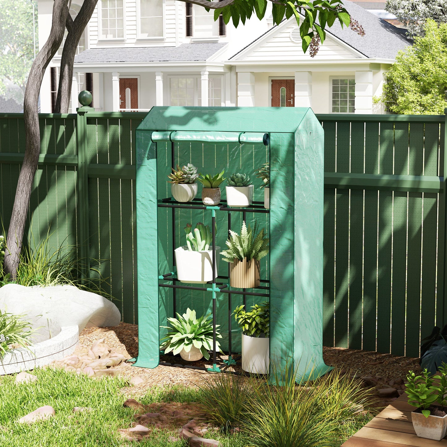 3 Tier Mini Greenhouse with Reinforced PE Cover, Portable Small Greenhouse with Roll-Up Door, 100 x 40 x 150cm, Green