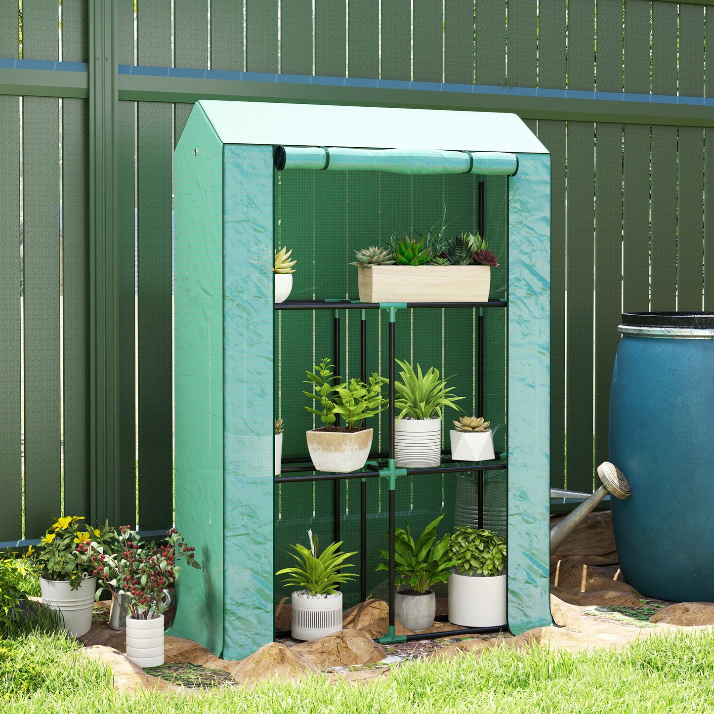 3 Tier Mini Greenhouse with Reinforced PE Cover, Portable Small Greenhouse with Roll-Up Door, 100 x 40 x 150cm, Green