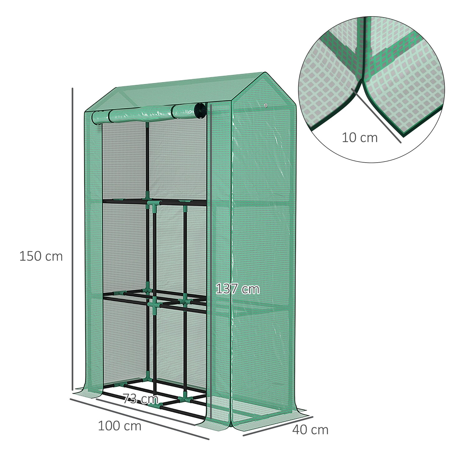 3 Tier Mini Greenhouse with Reinforced PE Cover, Portable Small Greenhouse with Roll-Up Door, 100 x 40 x 150cm, Green