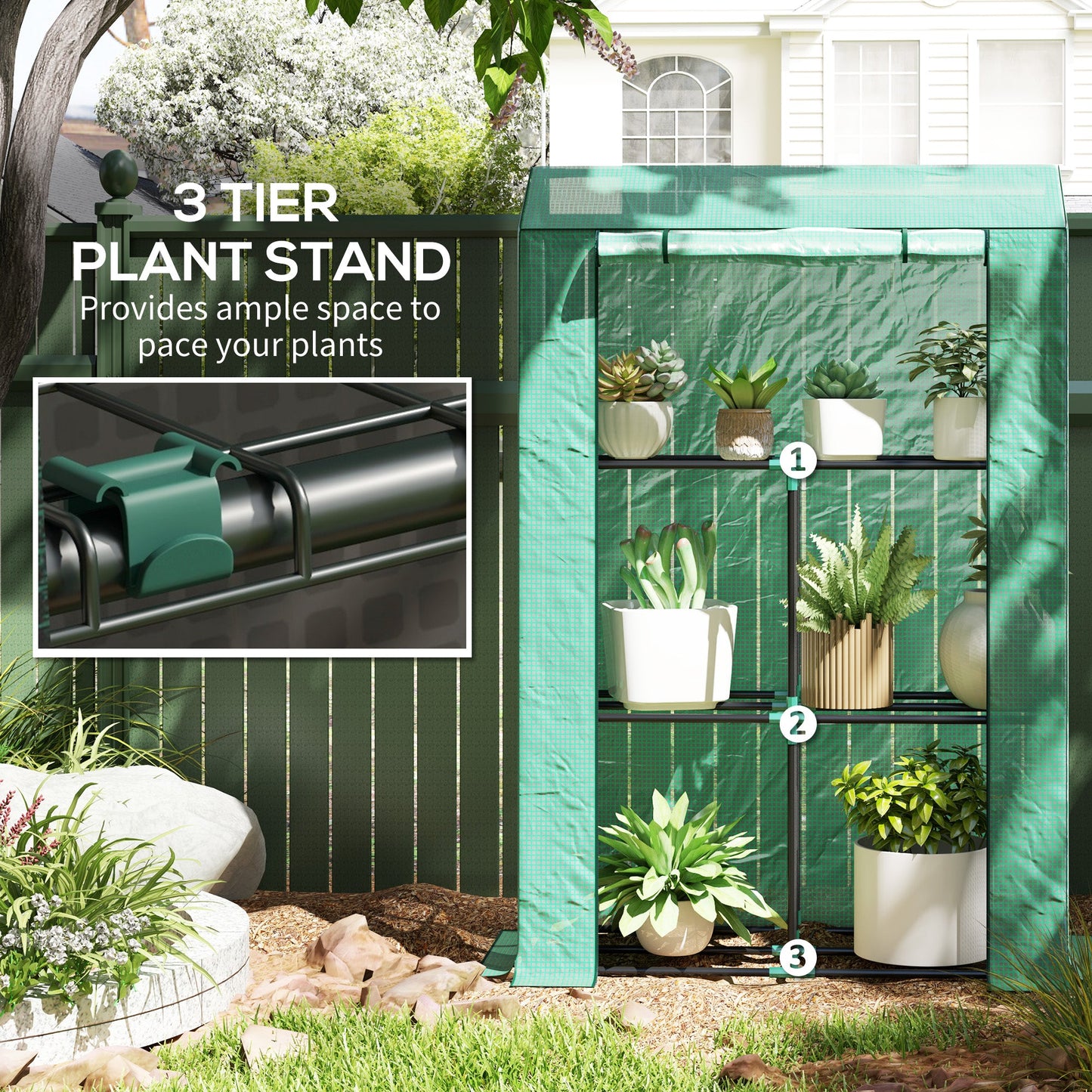 3 Tier Mini Greenhouse with Reinforced PE Cover, Portable Small Greenhouse with Roll-Up Door, 100 x 40 x 150cm, Green
