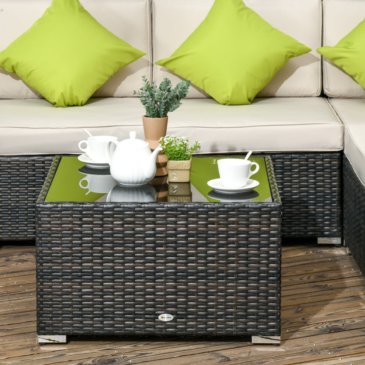 8 Pieces PE Rattan Corner Sofa Set, Outdoor Garden Furniture Set, Patio Wicker Sofa Seater w/ Cushion, Washable Cushion Cover & Tempered Glass Table, Brown