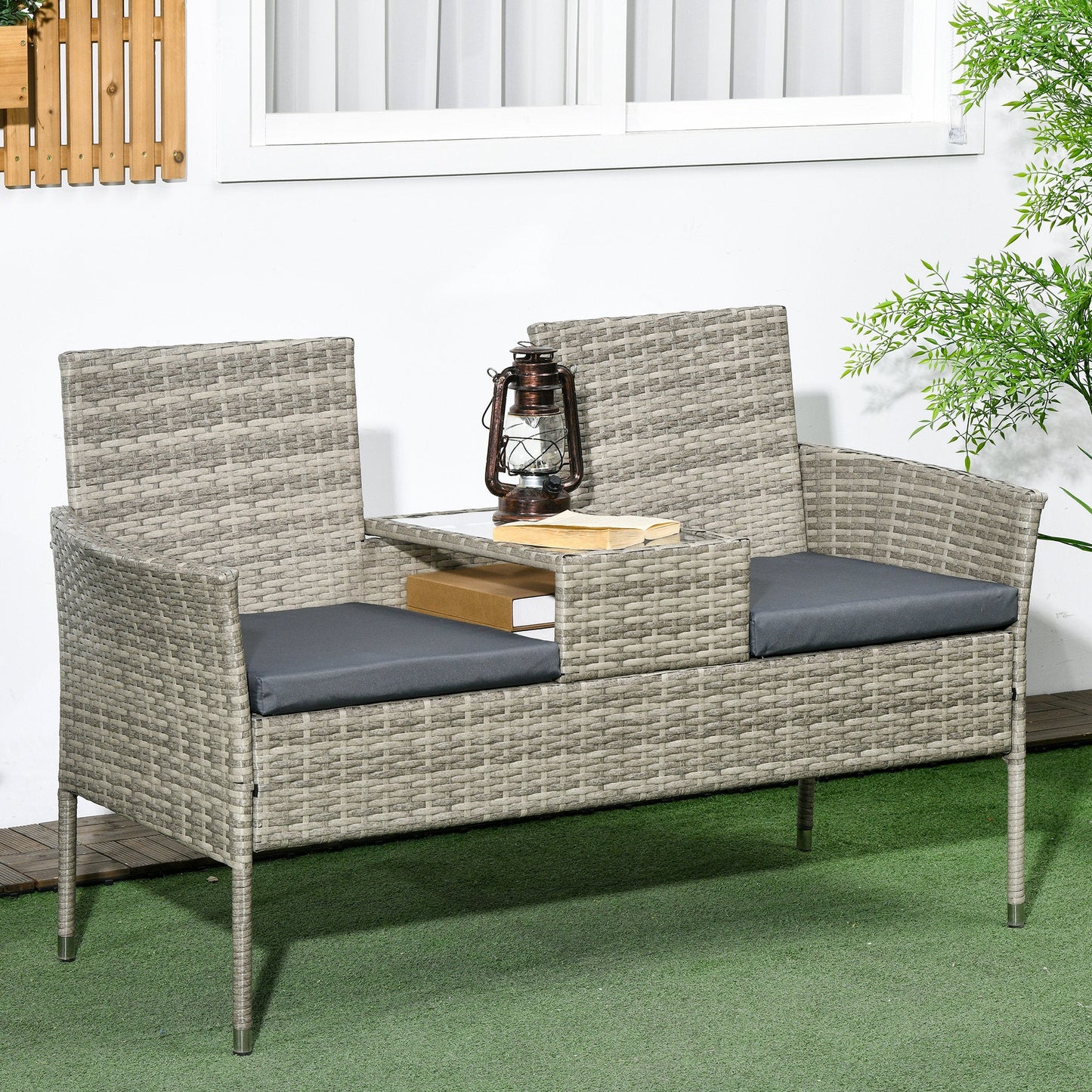 2 Seat Rattan Garden Bench, Patio Wicker Chair with Glass Tea Table, Outdoor Love Seat with Padded Cushions, for Garden, Porch, Poolside, Mixed Grey/Grey