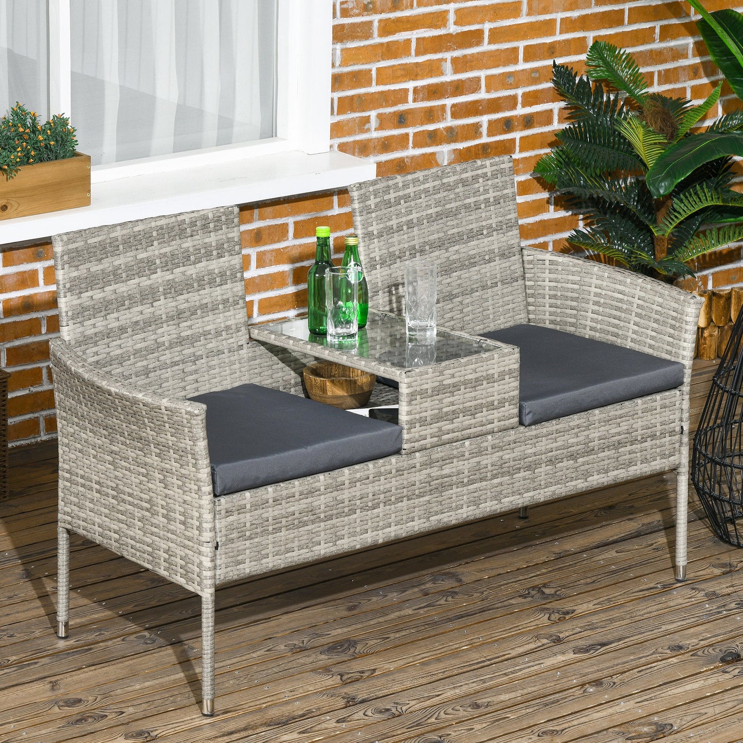 2 Seat Rattan Garden Bench, Patio Wicker Chair with Glass Tea Table, Outdoor Love Seat with Padded Cushions, for Garden, Porch, Poolside, Mixed Grey/Grey