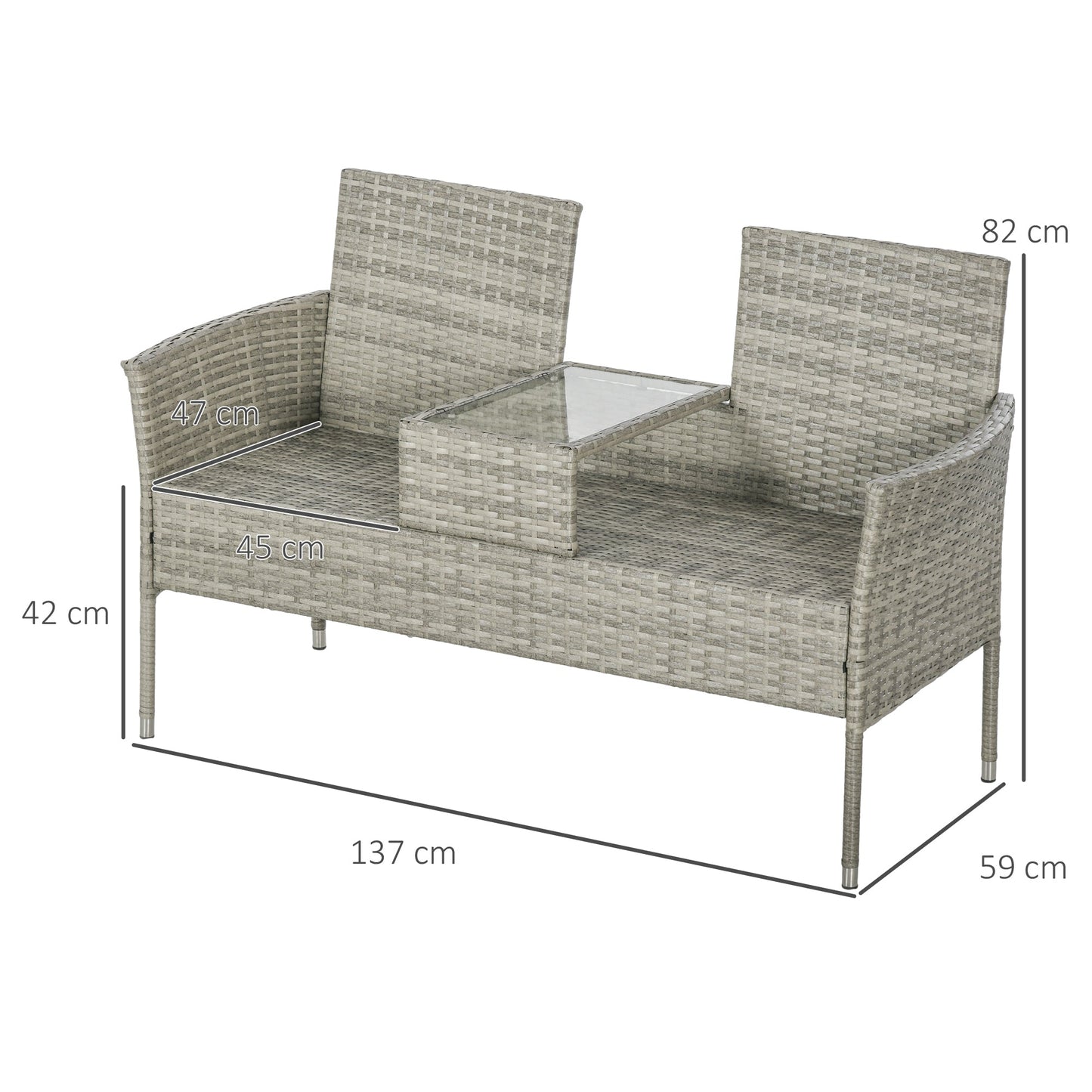 2 Seat Rattan Garden Bench, Patio Wicker Chair with Glass Tea Table, Outdoor Love Seat with Padded Cushions, for Garden, Porch, Poolside, Mixed Grey/Grey