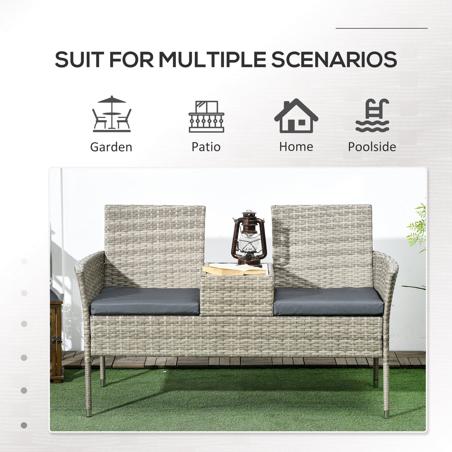 2 Seat Rattan Garden Bench, Patio Wicker Chair with Glass Tea Table, Outdoor Love Seat with Padded Cushions, for Garden, Porch, Poolside, Mixed Grey/Grey