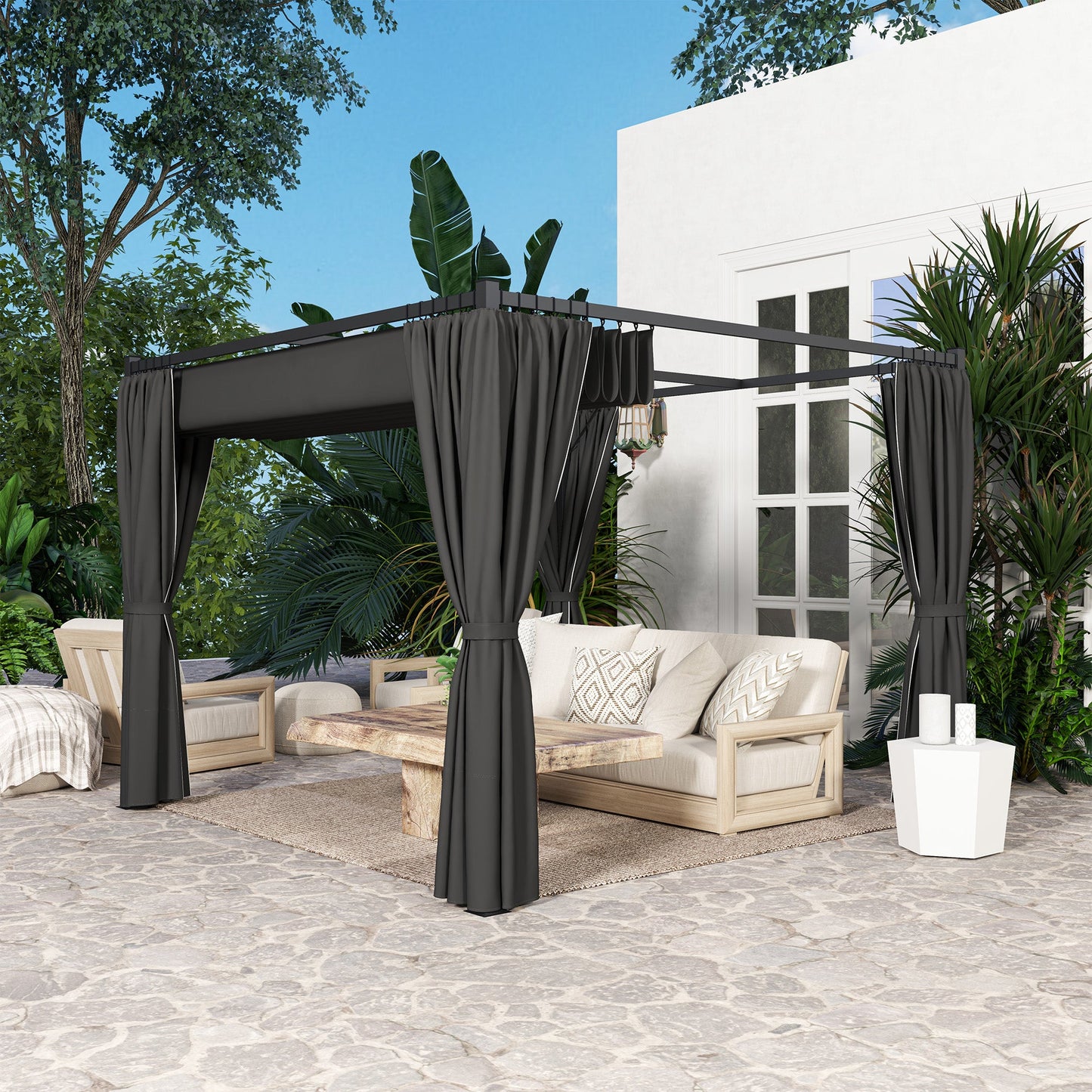 3 x 3(m) Pergola with Retractable Roof Canopy and Curtains, Metal Frame Garden Gazebo Outdoor Sun Shade Shelter for Grill, Patio, Deck, Charcoal Grey