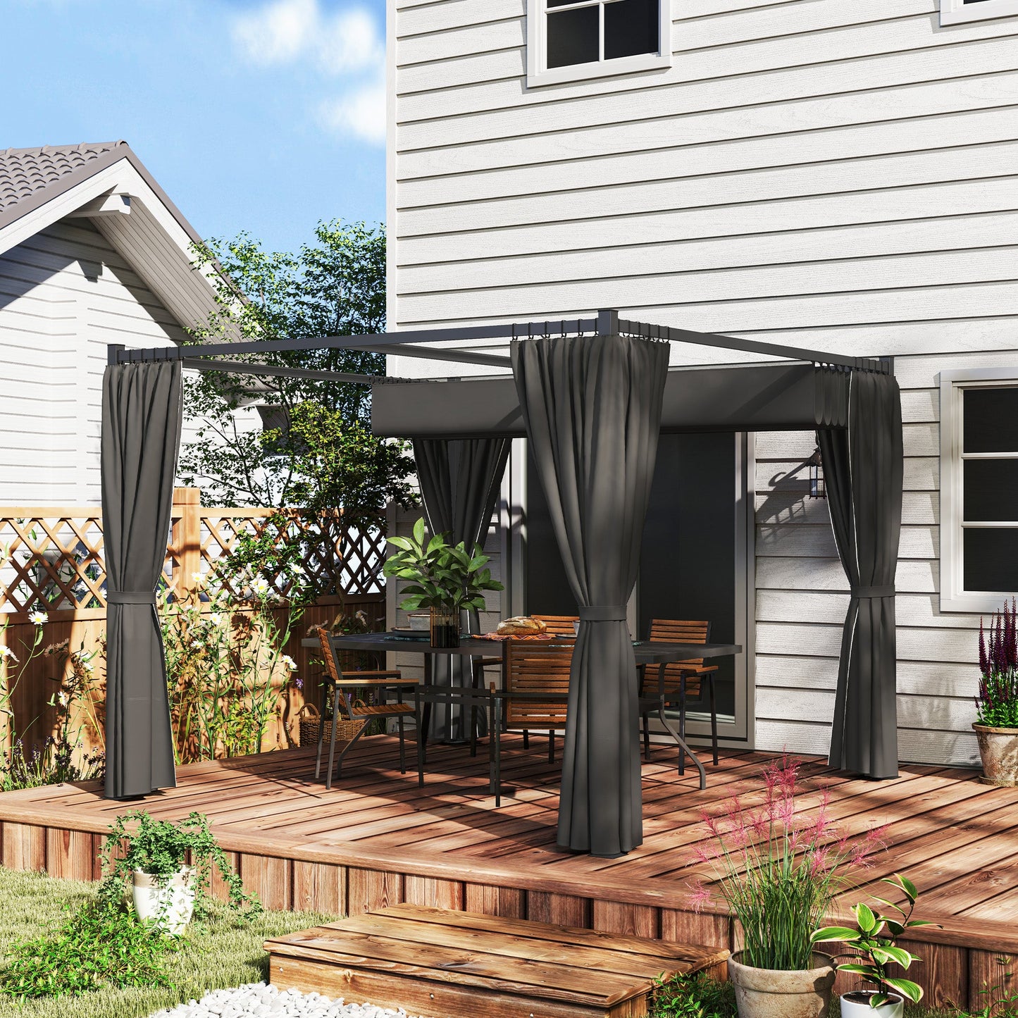 3 x 3(m) Pergola with Retractable Roof Canopy and Curtains, Metal Frame Garden Gazebo Outdoor Sun Shade Shelter for Grill, Patio, Deck, Charcoal Grey