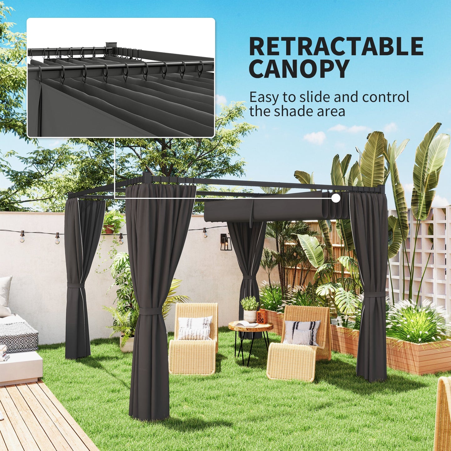 3 x 3(m) Pergola with Retractable Roof Canopy and Curtains, Metal Frame Garden Gazebo Outdoor Sun Shade Shelter for Grill, Patio, Deck, Charcoal Grey