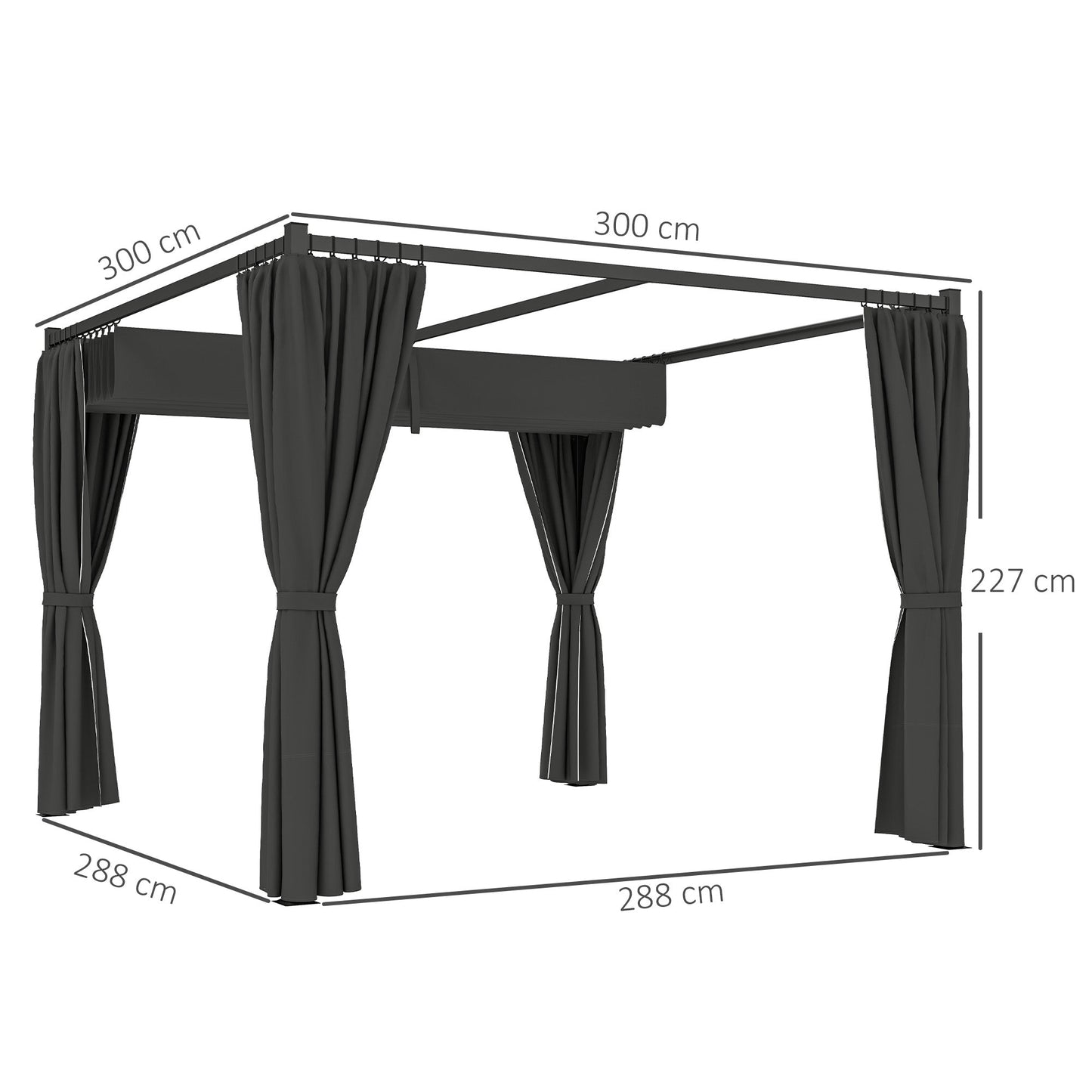 3 x 3(m) Pergola with Retractable Roof Canopy and Curtains, Metal Frame Garden Gazebo Outdoor Sun Shade Shelter for Grill, Patio, Deck, Charcoal Grey
