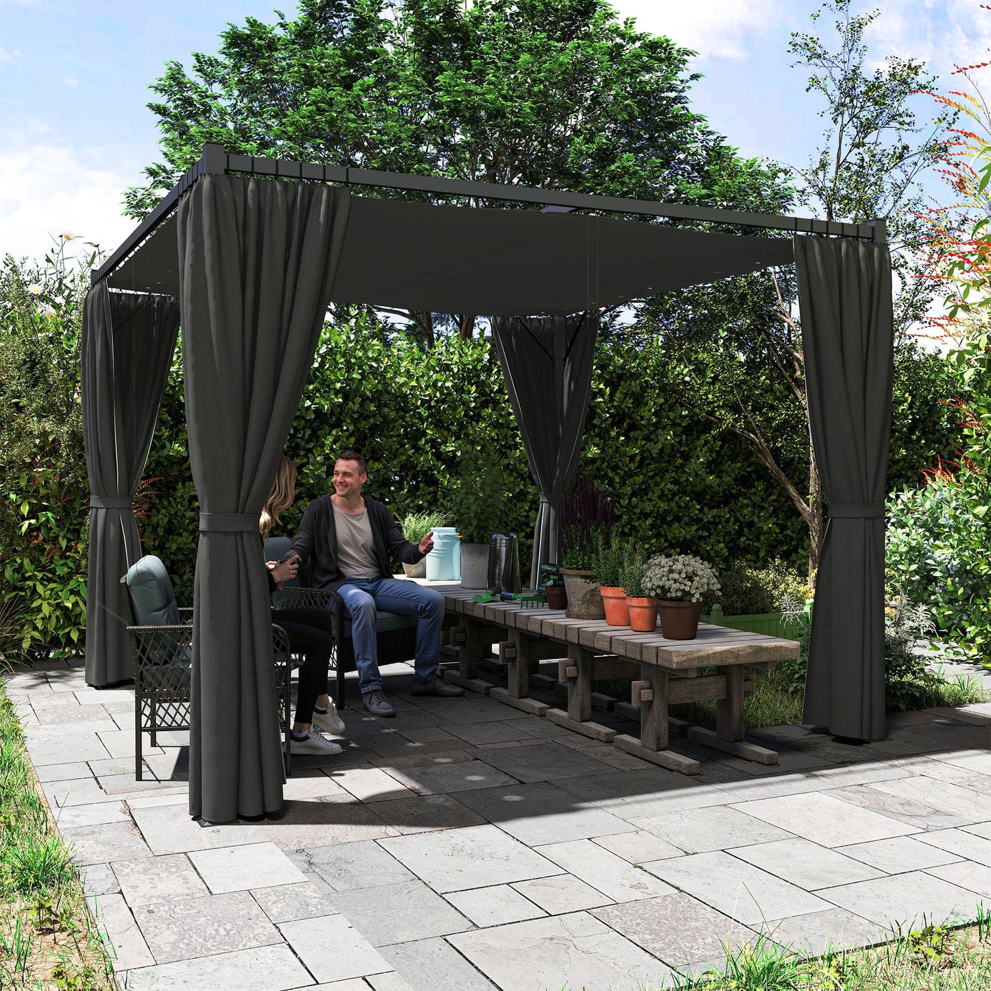 3 x 3(m) Pergola with Retractable Roof Canopy and Curtains, Metal Frame Garden Gazebo Outdoor Sun Shade Shelter for Grill, Patio, Deck, Charcoal Grey