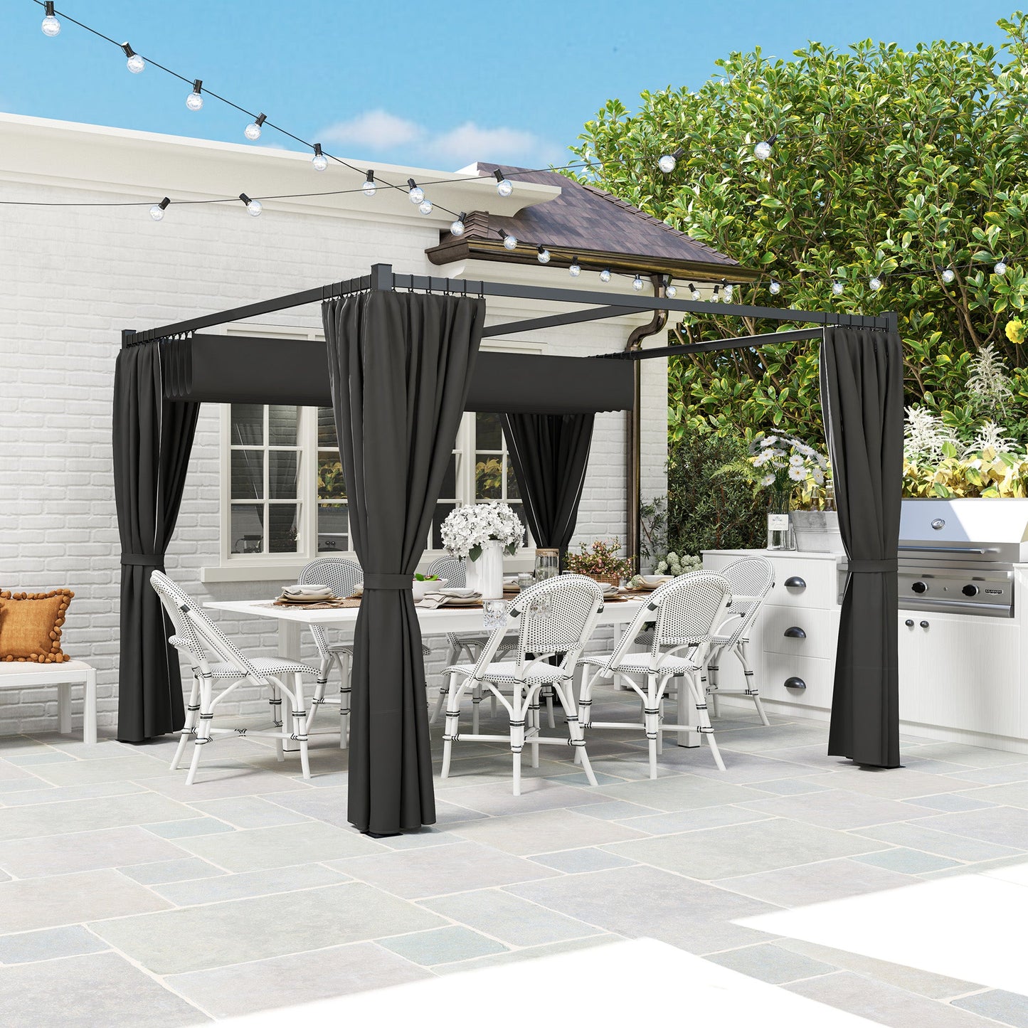 3 x 3(m) Pergola with Retractable Roof Canopy and Curtains, Metal Frame Garden Gazebo Outdoor Sun Shade Shelter for Grill, Patio, Deck, Charcoal Grey