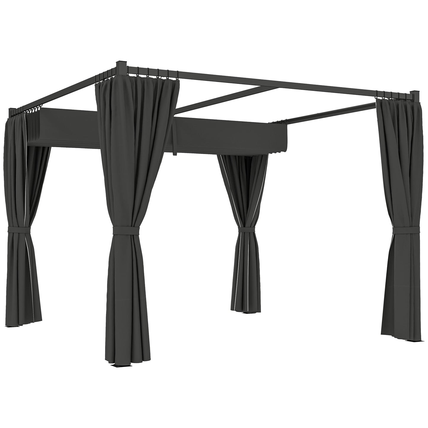 3 x 3(m) Pergola with Retractable Roof Canopy and Curtains, Metal Frame Garden Gazebo Outdoor Sun Shade Shelter for Grill, Patio, Deck, Charcoal Grey