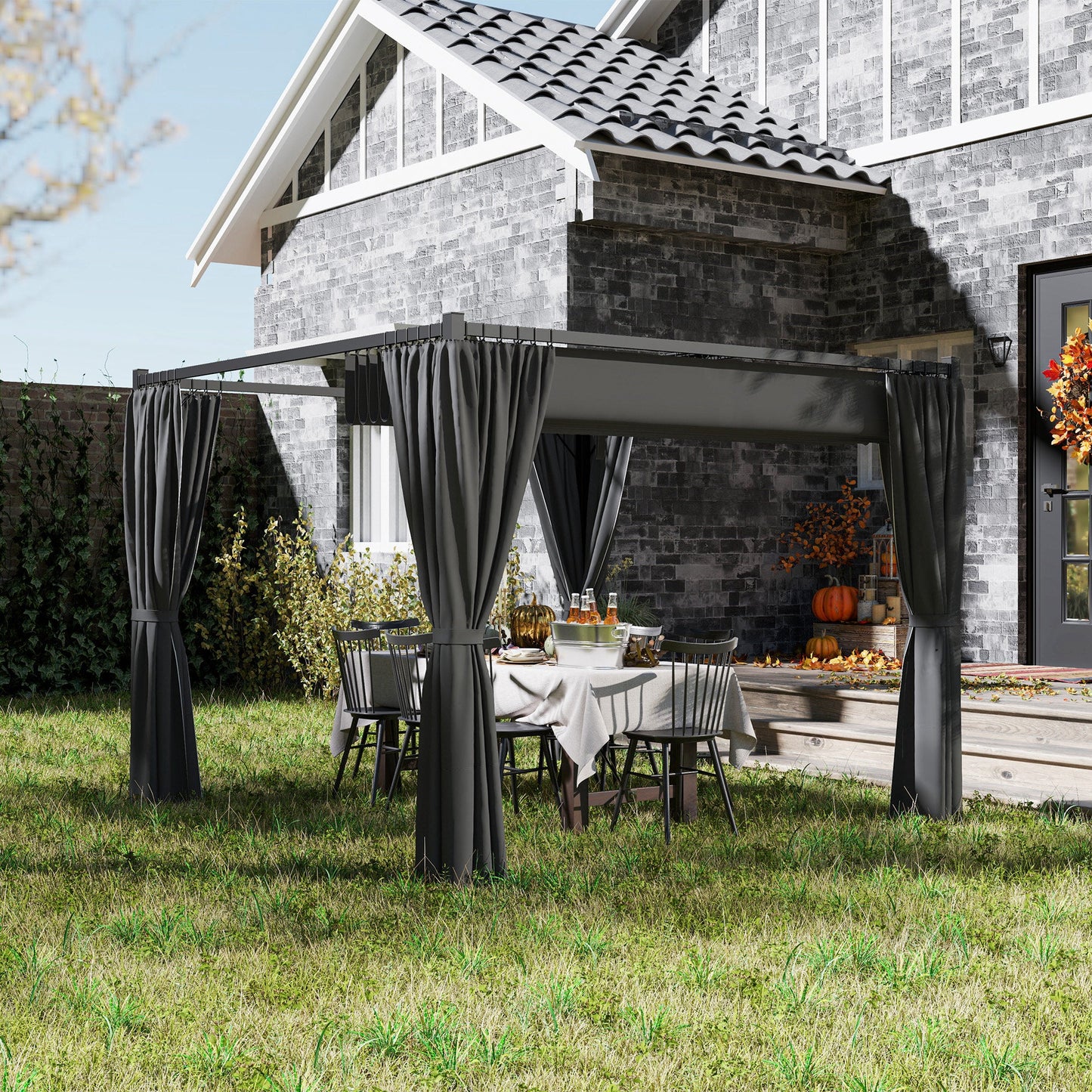 3 x 3(m) Pergola with Retractable Roof Canopy and Curtains, Metal Frame Garden Gazebo Outdoor Sun Shade Shelter for Grill, Patio, Deck, Charcoal Grey