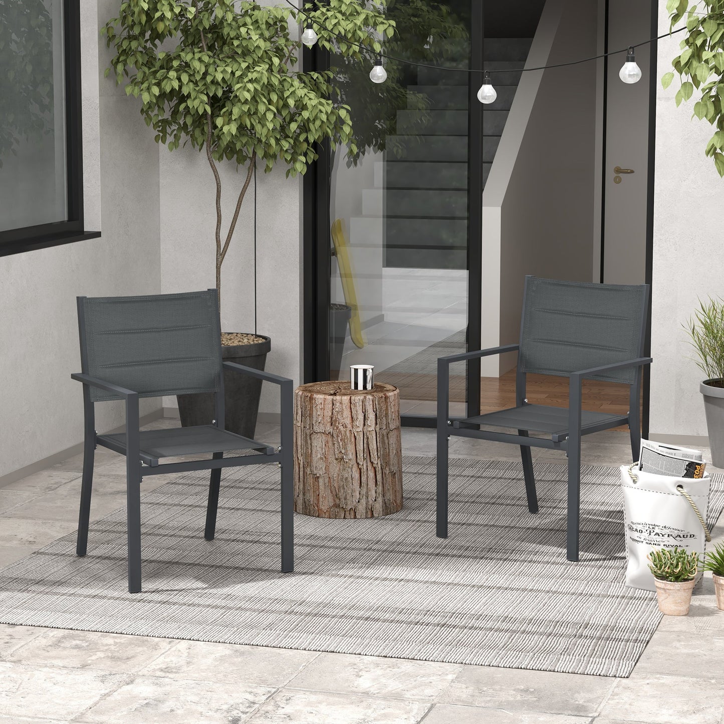 2 Pieces Garden Dining Chairs, Aluminium Outdoor Armchair for 2 with Breathable Mesh Fabric, Stackable Design, Dark Grey