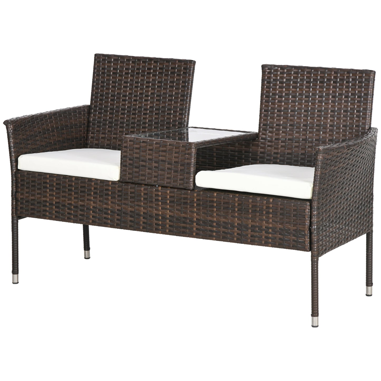 2 Seat Rattan Garden Bench, Patio Wicker Chair with Glass Tea Table, Outdoor Love Seat with Padded Cushions, for Garden, Porch, Poolside, Brown/Cream White