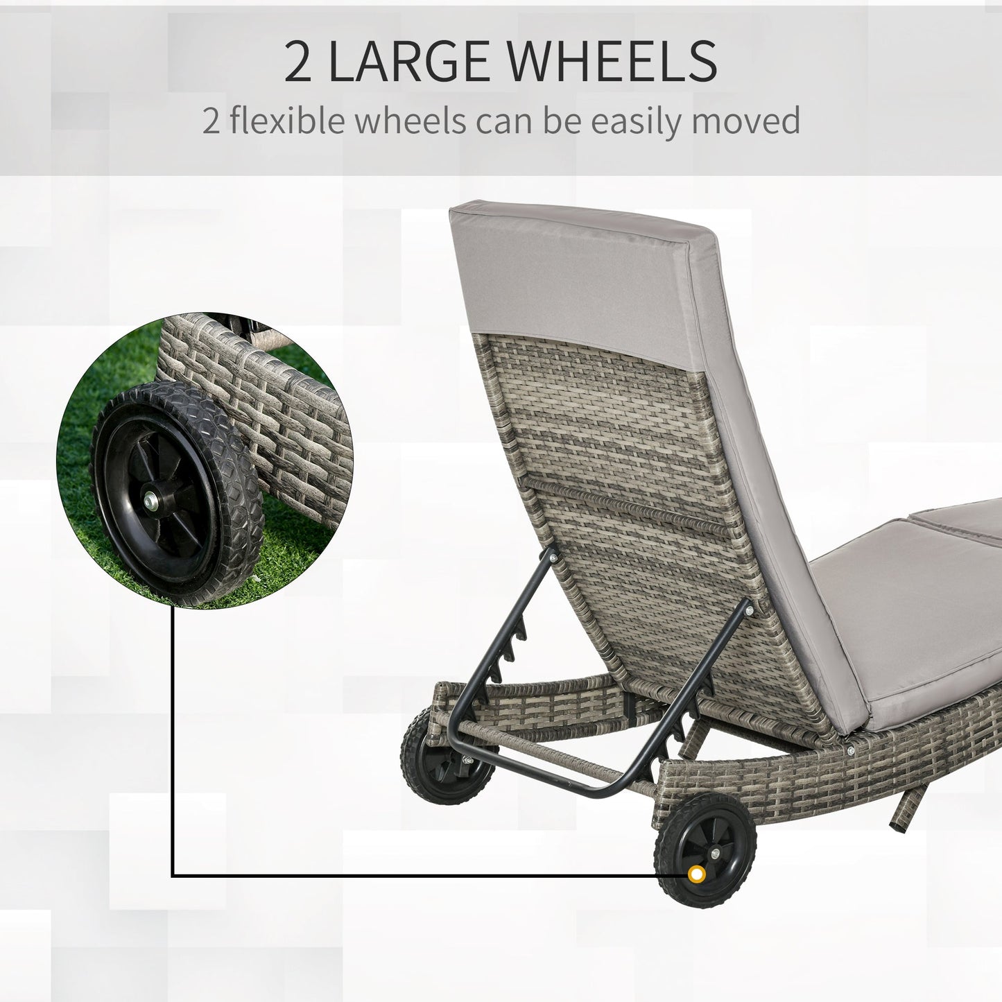 Outdoor PE Rattan Sun Lounger, Wicker Garden Lounger with Cushion, 5-Level Adjustable Backrest, Rolling Sunbed with Wheels for Patio Beach, Grey