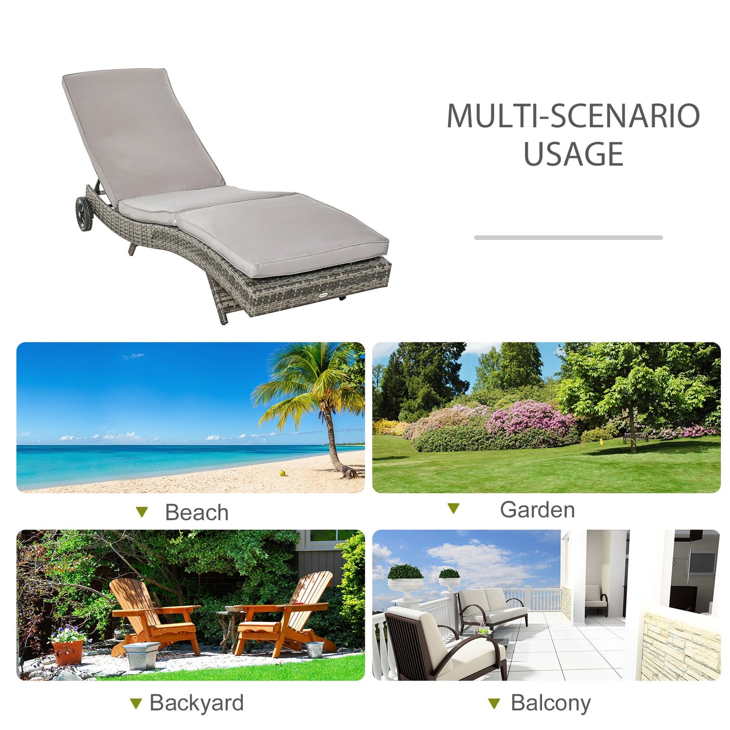 Outdoor PE Rattan Sun Lounger, Wicker Garden Lounger with Cushion, 5-Level Adjustable Backrest, Rolling Sunbed with Wheels for Patio Beach, Grey