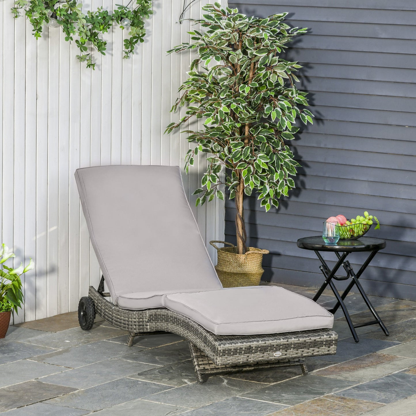 Outdoor PE Rattan Sun Lounger, Wicker Garden Lounger with Cushion, 5-Level Adjustable Backrest, Rolling Sunbed with Wheels for Patio Beach, Grey