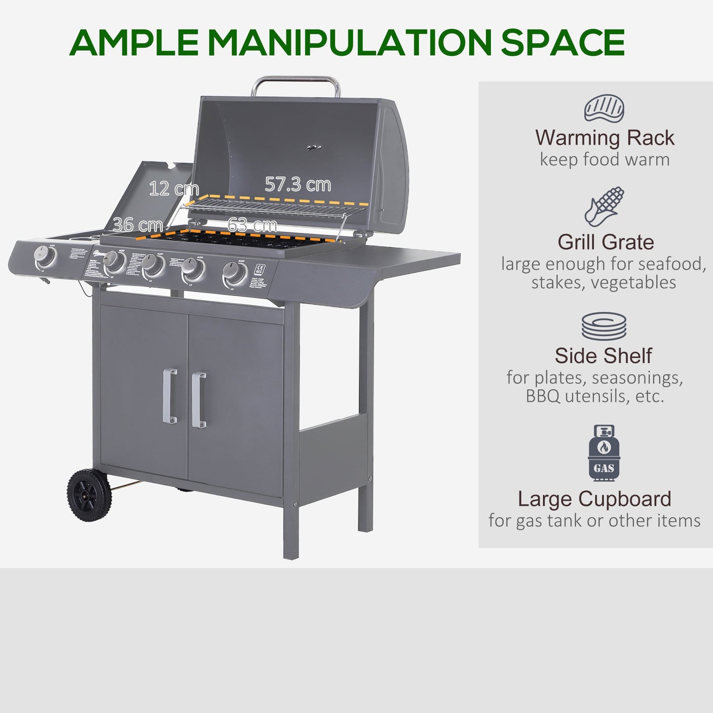 4+1 Burner Gas BBQ Grill, Outdoor Barbecue Trolley with Wheels, Warming Rack, Side Shelves, Cabinet, Thermometer for Garden, Party, Camping, 125 L x 51 W x 100 H cm, Grey