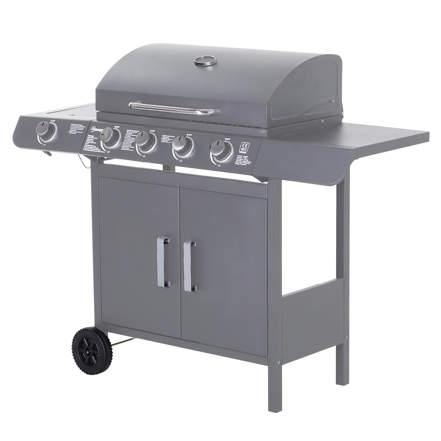 4+1 Burner Gas BBQ Grill, Outdoor Barbecue Trolley with Wheels, Warming Rack, Side Shelves, Cabinet, Thermometer for Garden, Party, Camping, 125 L x 51 W x 100 H cm, Grey
