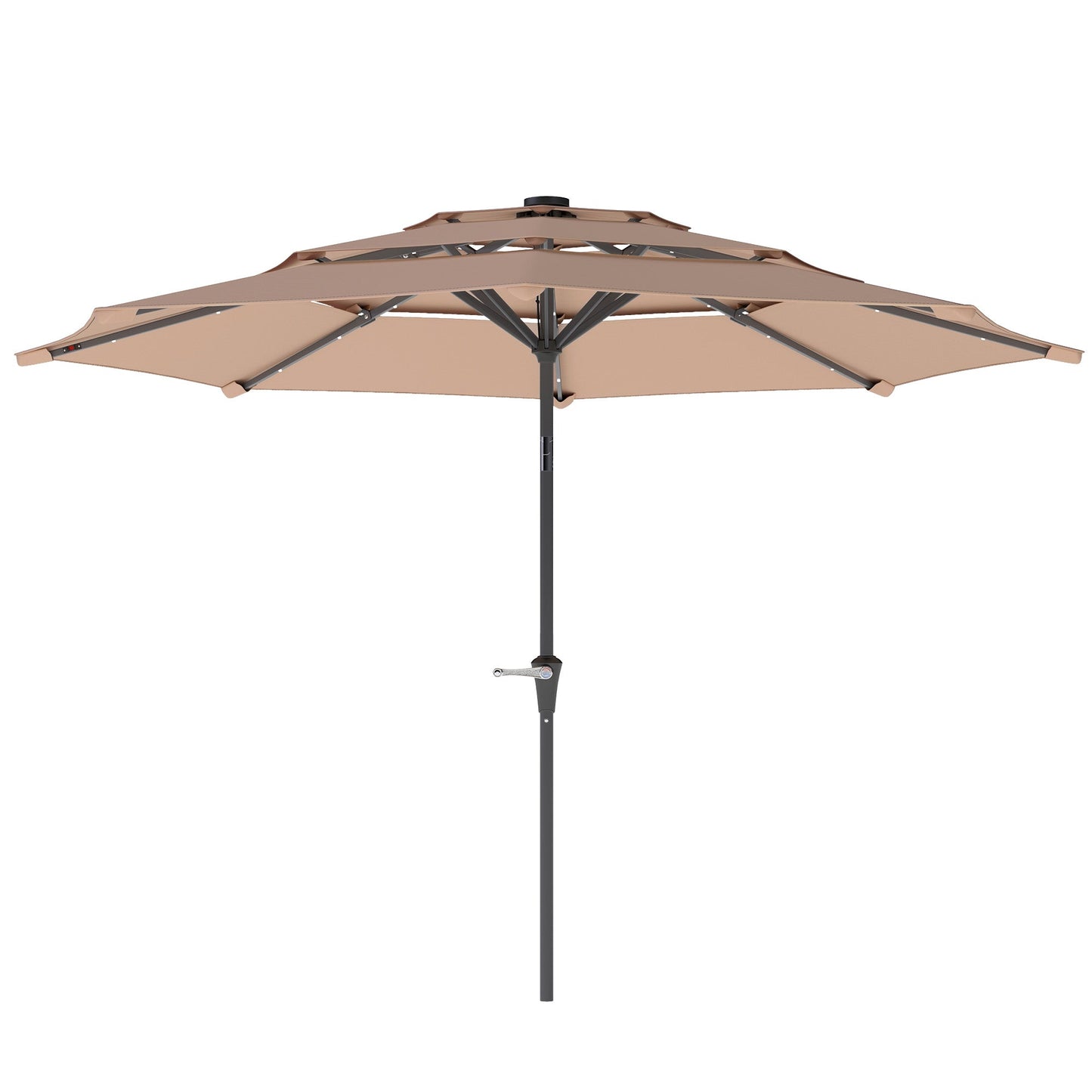 2.6 m Garden Parasol with Solar LED Lights, 3-Tier Patio Umbrella Outdoor with Tilt Mechanism & Crank Handle, UPF 30+, Table Umbrella for Market Terrace, Khaki