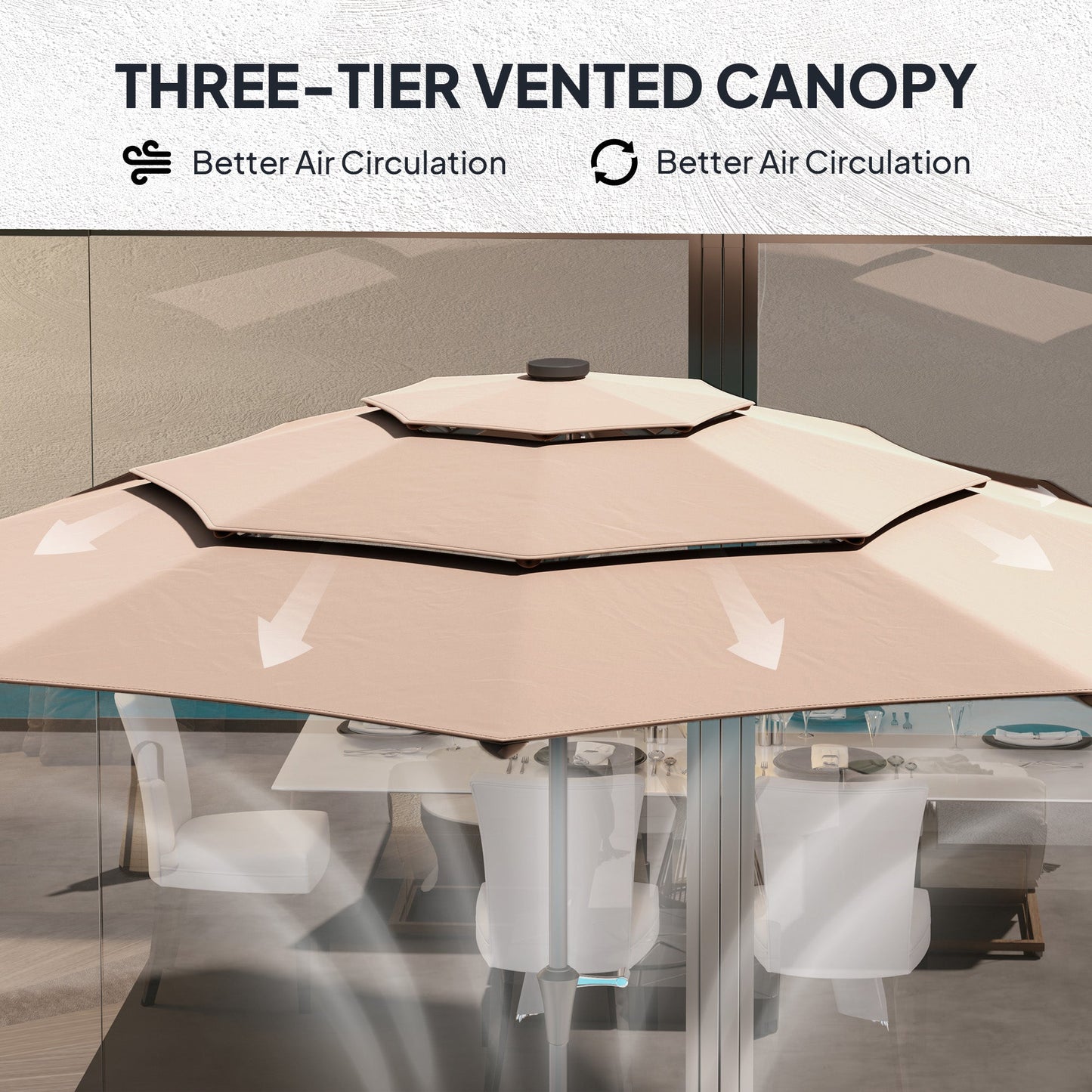 2.6 m Garden Parasol with Solar LED Lights, 3-Tier Patio Umbrella Outdoor with Tilt Mechanism & Crank Handle, UPF 30+, Table Umbrella for Market Terrace, Khaki