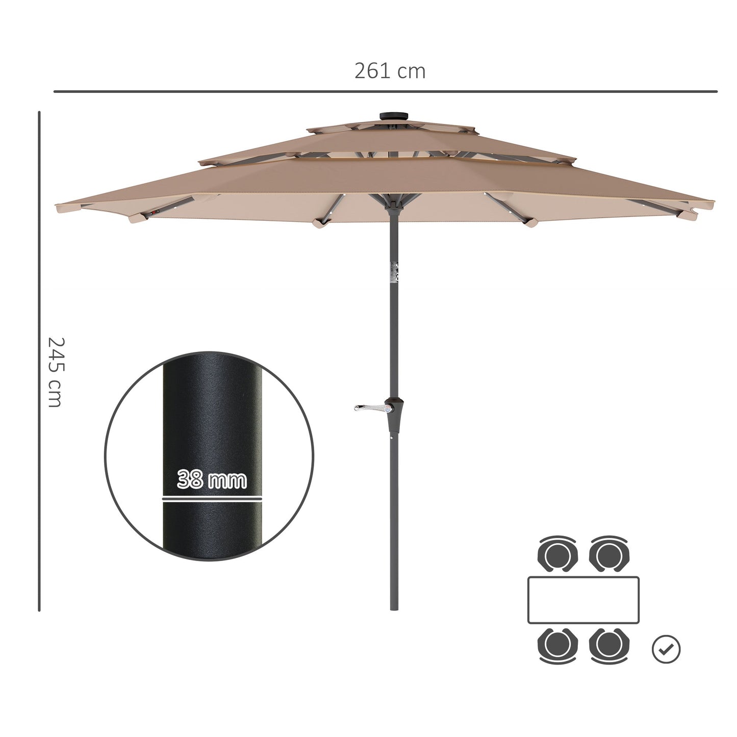 2.6 m Garden Parasol with Solar LED Lights, 3-Tier Patio Umbrella Outdoor with Tilt Mechanism & Crank Handle, UPF 30+, Table Umbrella for Market Terrace, Khaki